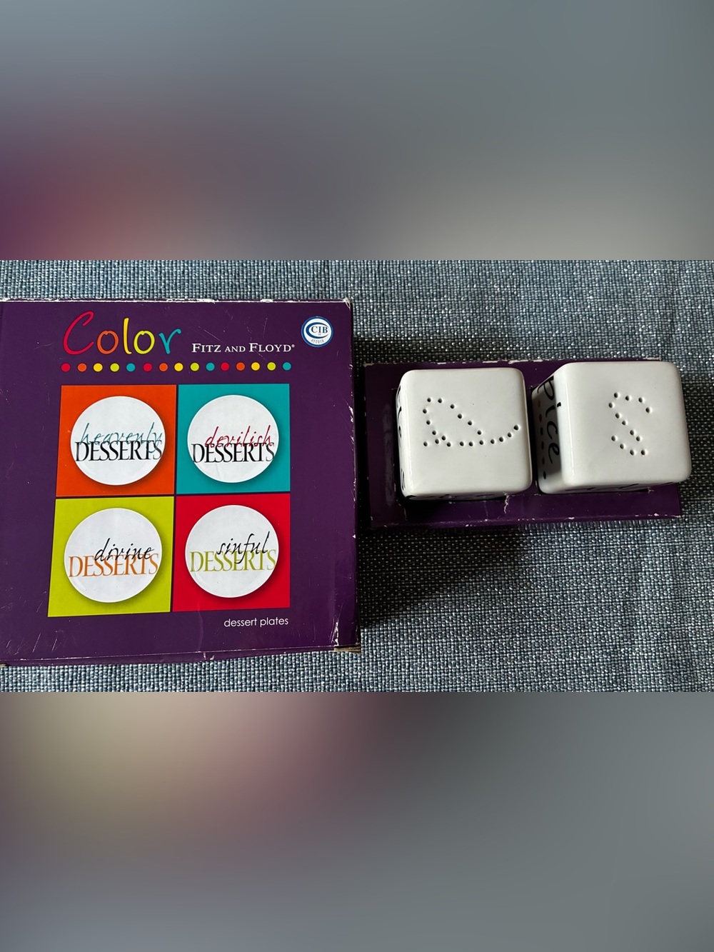 Fitz and Floyd Multicolor Dessert Plate Set on Purple Backdrop